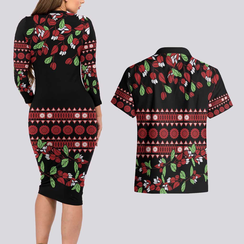 Fiji Masi Bula Tagimoucia Flowers Couples Matching Long Sleeve Bodycon Dress and Hawaiian Shirt
