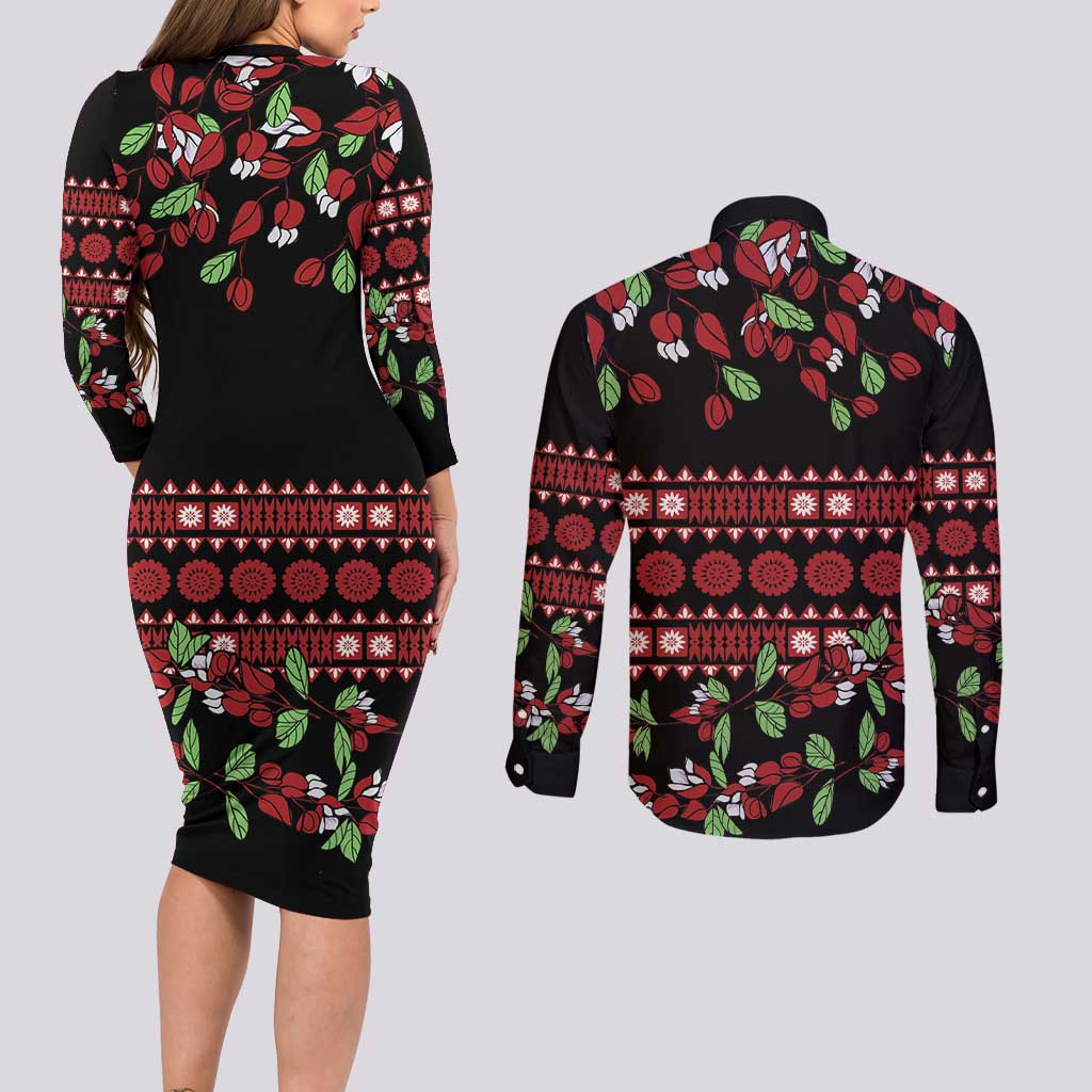 Fiji Masi Bula Tagimoucia Flowers Couples Matching Long Sleeve Bodycon Dress and Long Sleeve Button Shirt