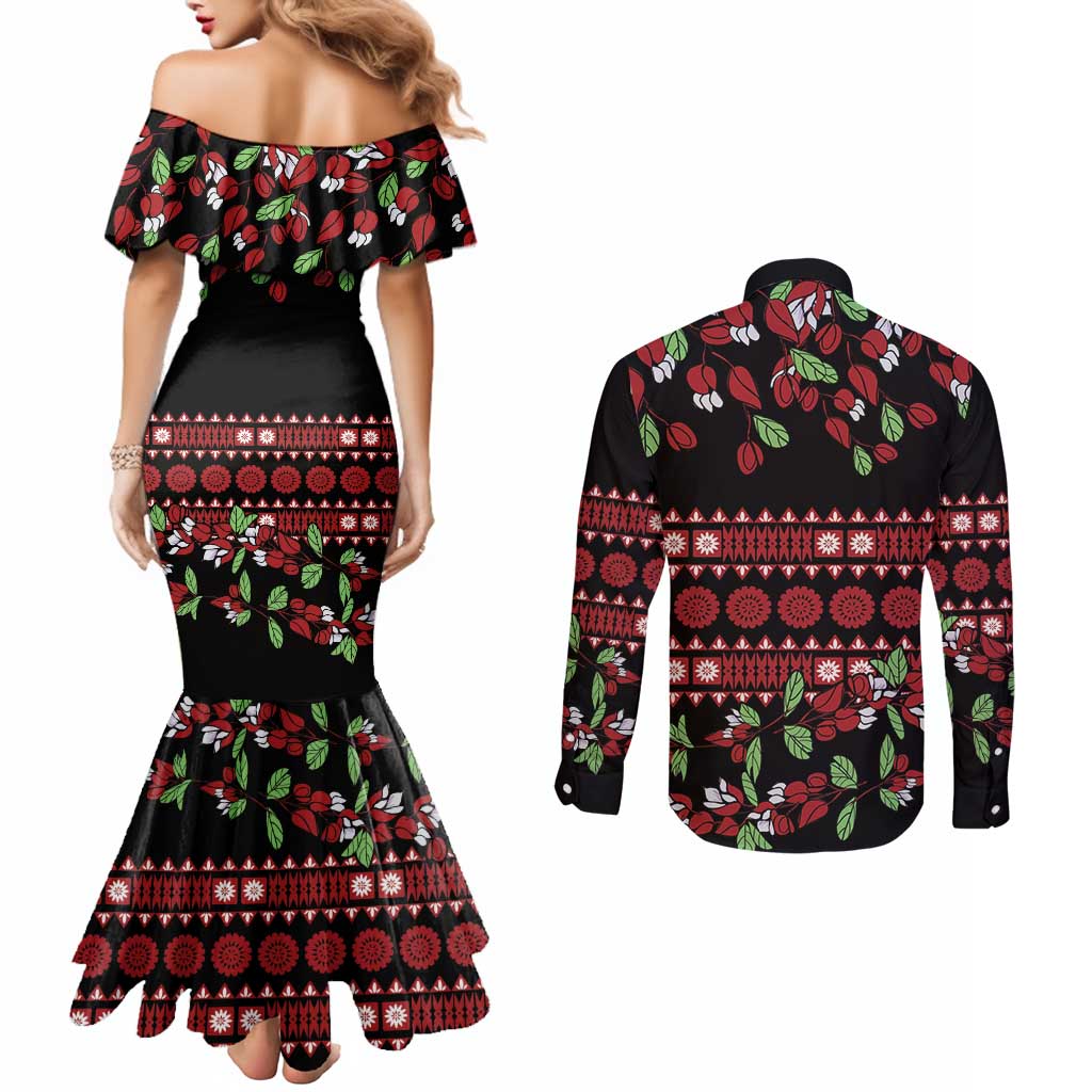 Fiji Masi Bula Tagimoucia Flowers Couples Matching Mermaid Dress and Long Sleeve Button Shirt