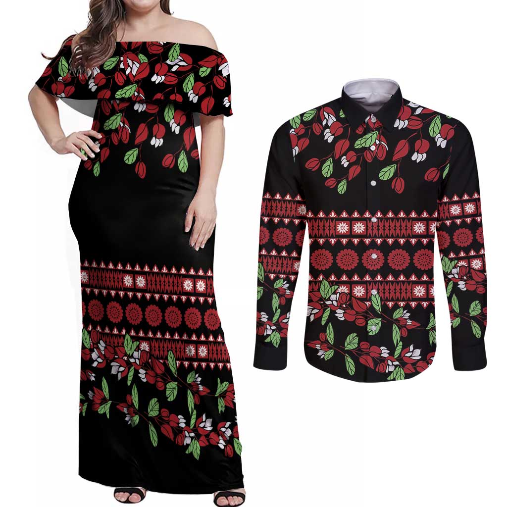 Fiji Masi Bula Tagimoucia Flowers Couples Matching Off Shoulder Maxi Dress and Long Sleeve Button Shirt