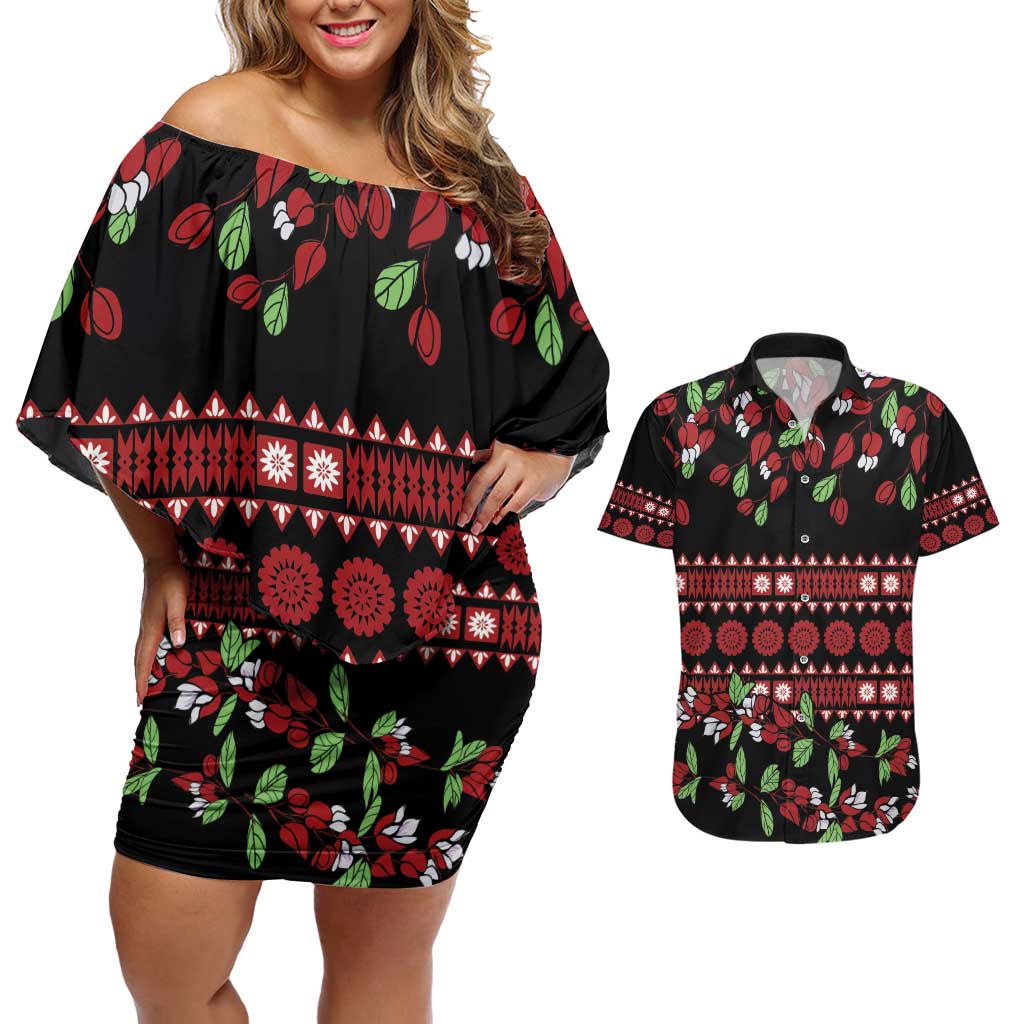 Fiji Masi Bula Tagimoucia Flowers Couples Matching Off Shoulder Short Dress and Hawaiian Shirt