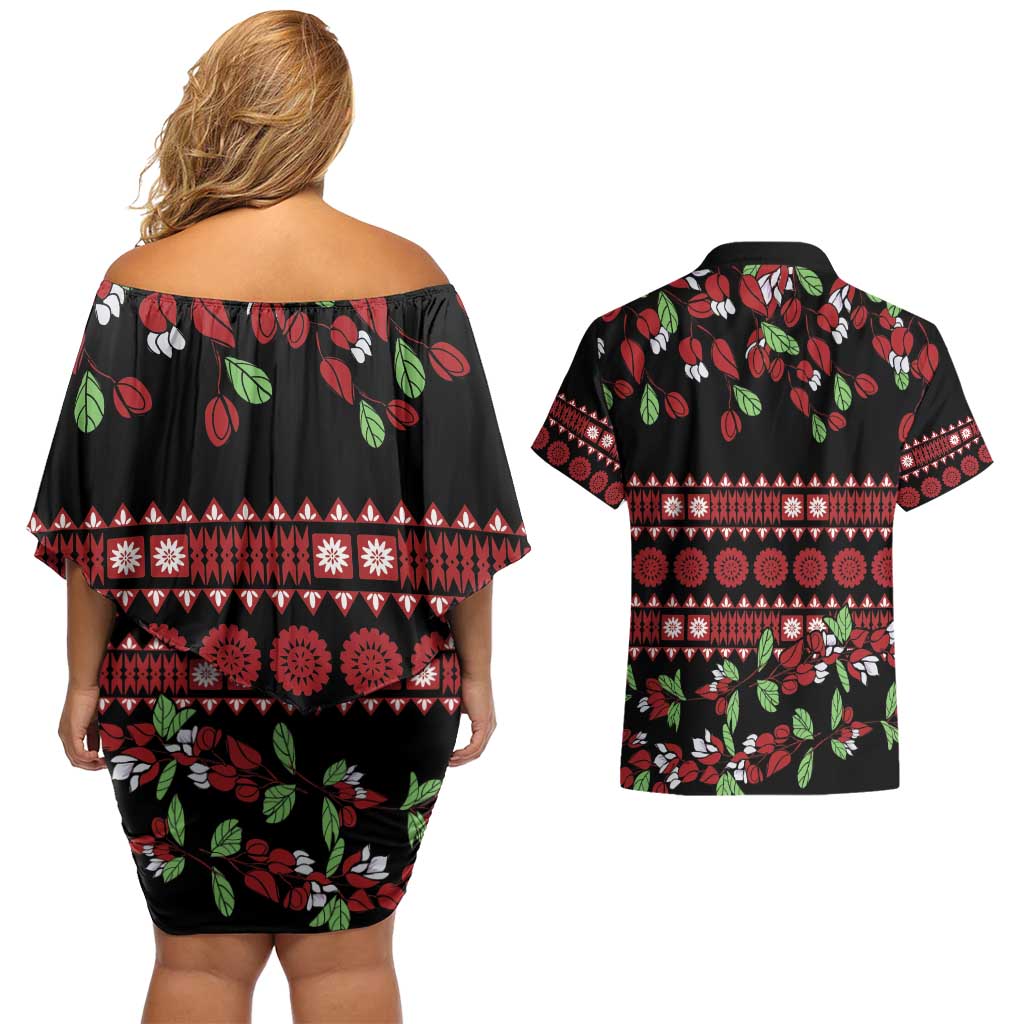 Fiji Masi Bula Tagimoucia Flowers Couples Matching Off Shoulder Short Dress and Hawaiian Shirt