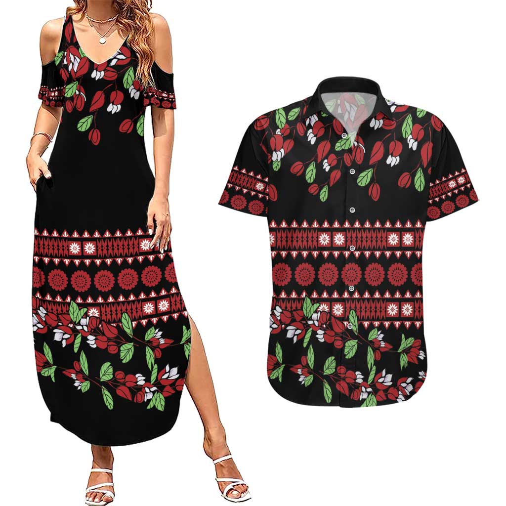 Fiji Masi Bula Tagimoucia Flowers Couples Matching Summer Maxi Dress and Hawaiian Shirt