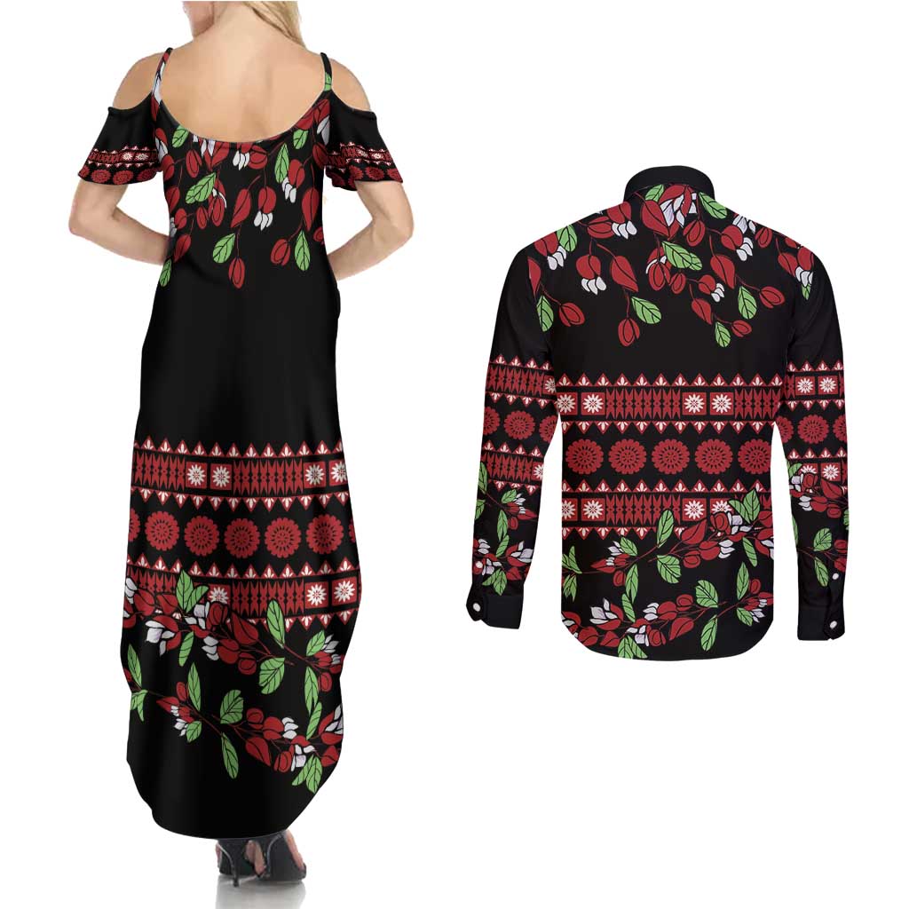 Fiji Masi Bula Tagimoucia Flowers Couples Matching Summer Maxi Dress and Long Sleeve Button Shirt