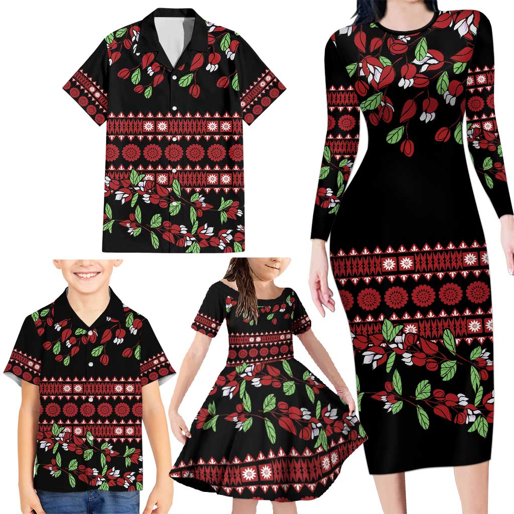 Fiji Masi Bula Tagimoucia Flowers Family Matching Long Sleeve Bodycon Dress and Hawaiian Shirt