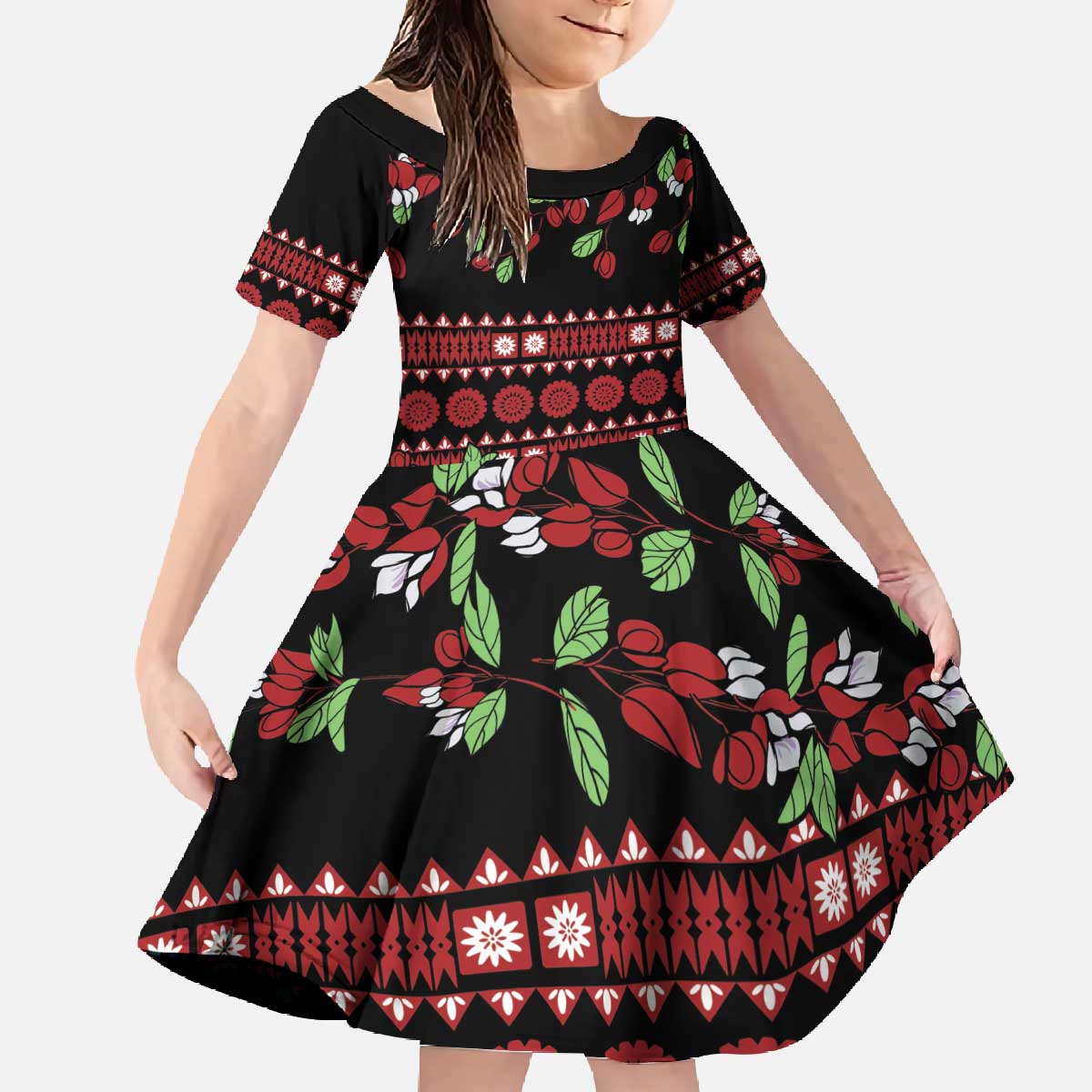 Fiji Masi Bula Tagimoucia Flowers Family Matching Off The Shoulder Long Sleeve Dress and Hawaiian Shirt