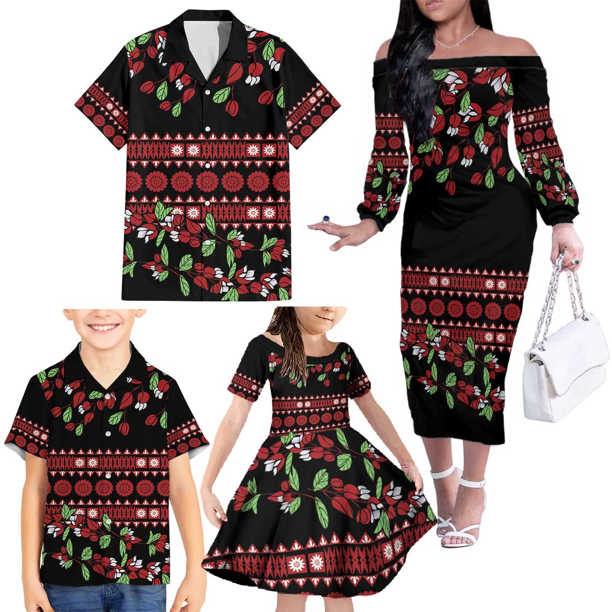 Fiji Masi Bula Tagimoucia Flowers Family Matching Off The Shoulder Long Sleeve Dress and Hawaiian Shirt