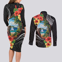 Hafa Adai Guam Couples Matching Long Sleeve Bodycon Dress and Long Sleeve Button Shirt Guahan Seal Chamorro Stones Tribal