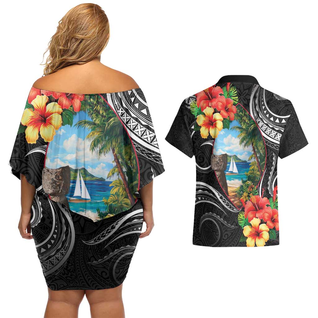 Hafa Adai Guam Couples Matching Off Shoulder Short Dress and Hawaiian Shirt Guahan Seal Chamorro Stones Tribal