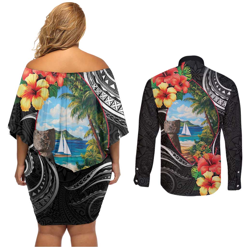 Hafa Adai Guam Couples Matching Off Shoulder Short Dress and Long Sleeve Button Shirt Guahan Seal Chamorro Stones Tribal