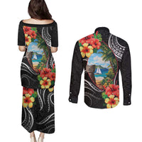 Hafa Adai Guam Couples Matching Puletasi and Long Sleeve Button Shirt Guahan Seal Chamorro Stones Tribal