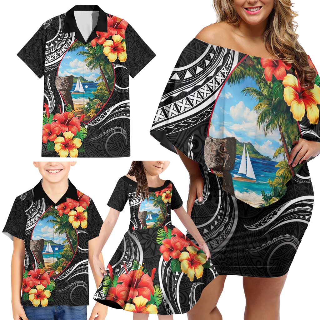 Hafa Adai Guam Family Matching Off Shoulder Short Dress and Hawaiian Shirt Guahan Seal Chamorro Stones Tribal
