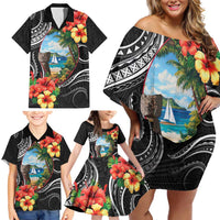Hafa Adai Guam Family Matching Off Shoulder Short Dress and Hawaiian Shirt Guahan Seal Chamorro Stones Tribal