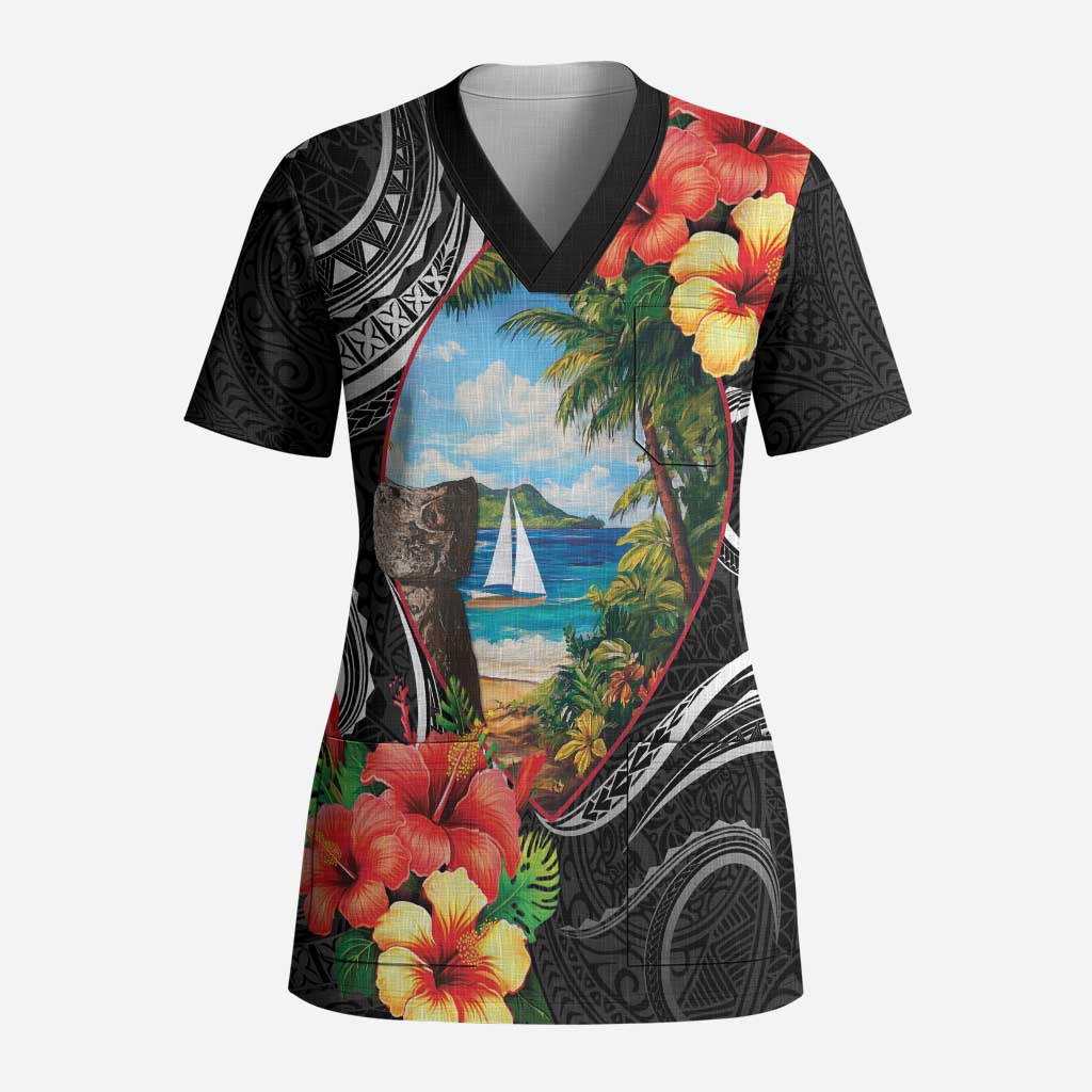 Hafa Adai Guam Scrub Top Guahan Seal Chamorro Stones Tribal LT9 Adult Black - Polynesian Pride