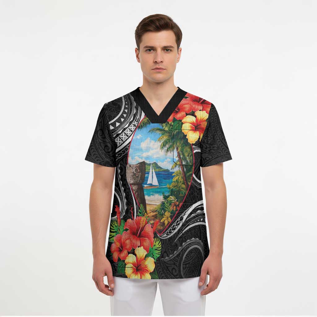 Hafa Adai Guam Scrub Top Guahan Seal Chamorro Stones Tribal LT9 - Polynesian Pride