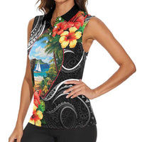 Hafa Adai Guam Women Sleeveless Polo Shirt Guahan Seal Chamorro Stones Tribal