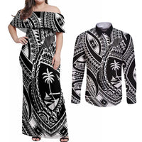 Hafa Adai Guam Inspired Tattoo Couples Matching Off Shoulder Maxi Dress and Long Sleeve Button Shirt