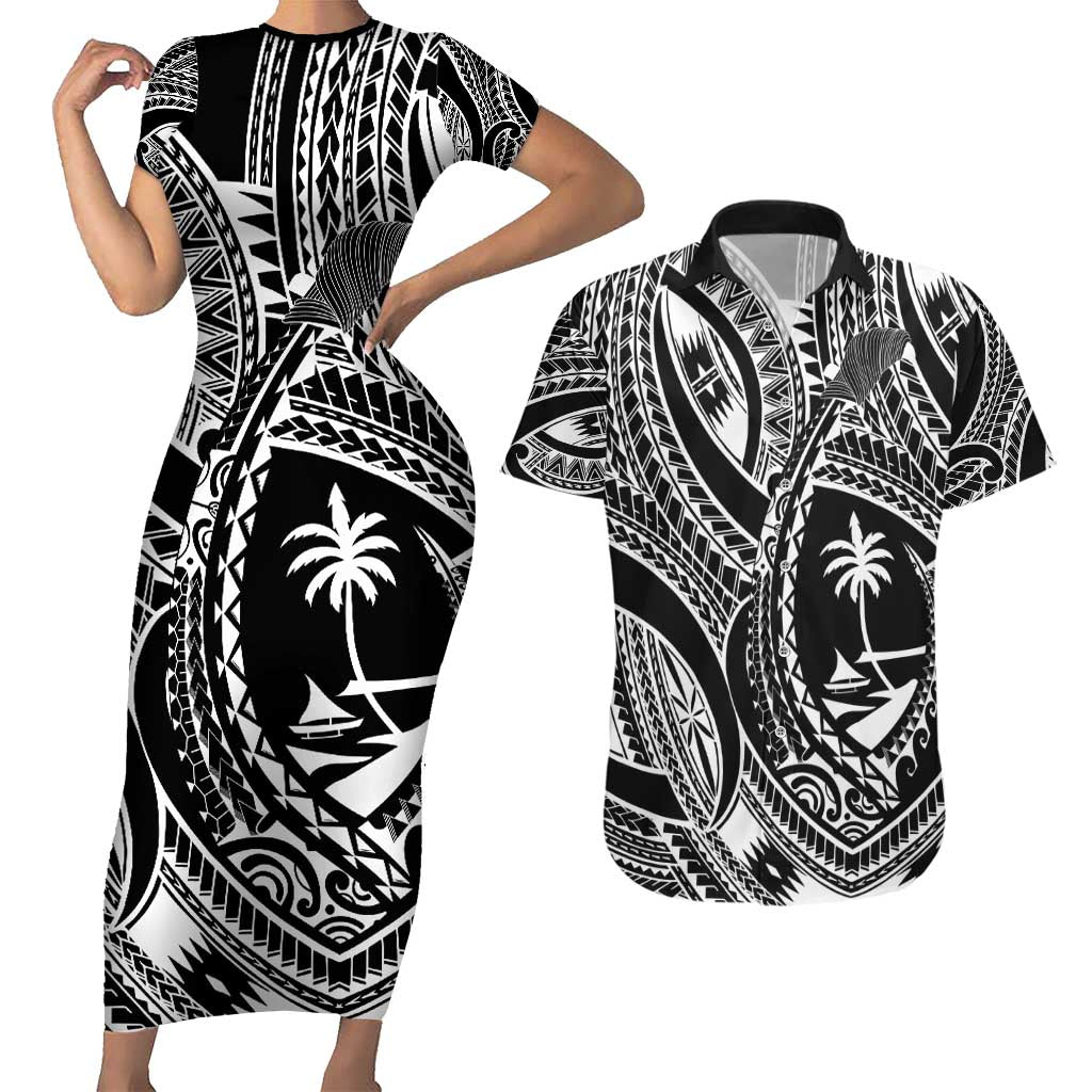 Hafa Adai Guam Inspired Tattoo Couples Matching Short Sleeve Bodycon Dress and Hawaiian Shirt