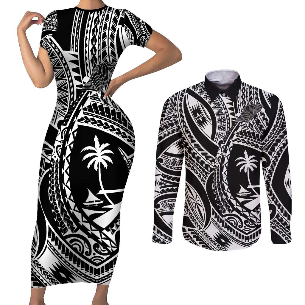 Hafa Adai Guam Inspired Tattoo Couples Matching Short Sleeve Bodycon Dress and Long Sleeve Button Shirt