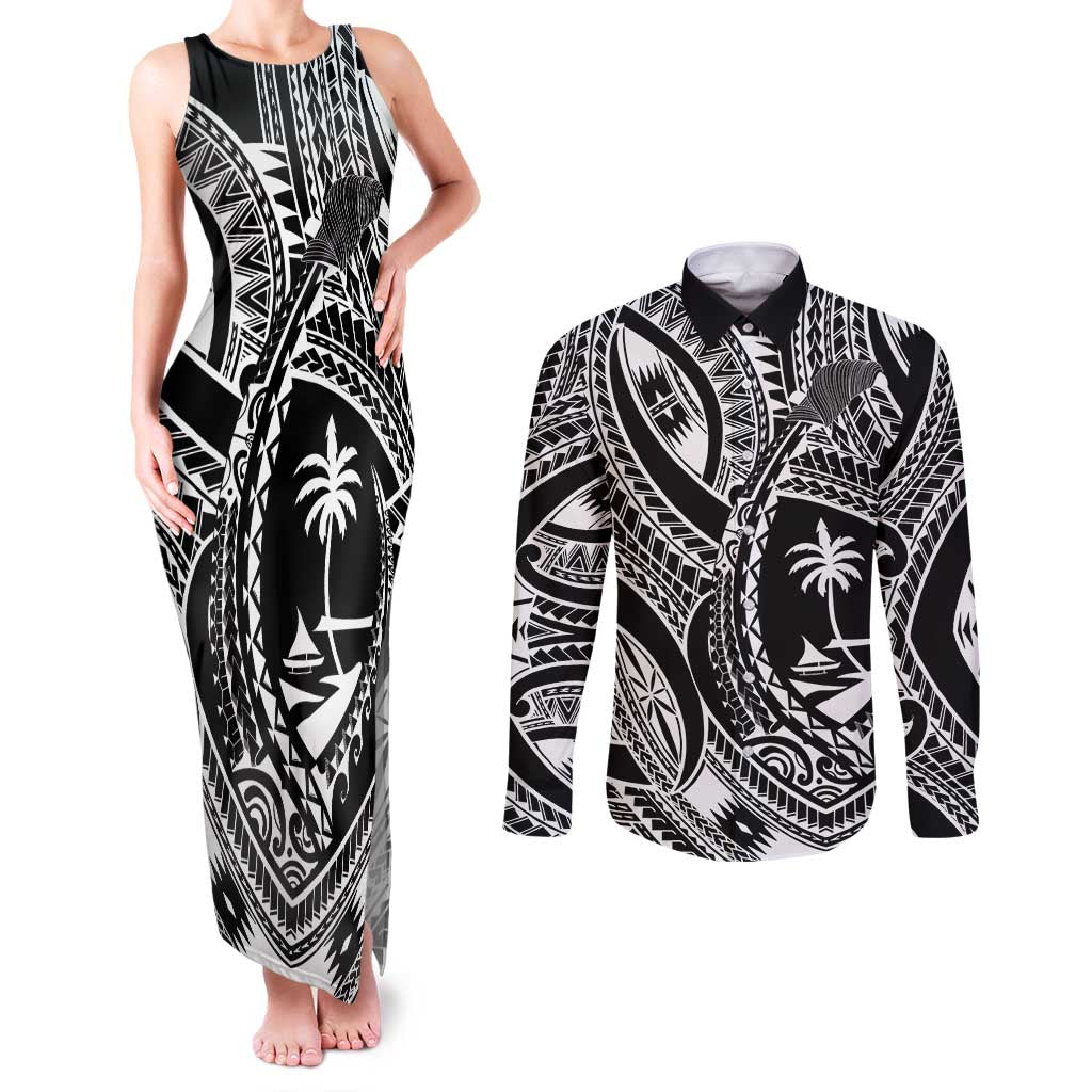Hafa Adai Guam Inspired Tattoo Couples Matching Tank Maxi Dress and Long Sleeve Button Shirt LT9 Black - Polynesian Pride