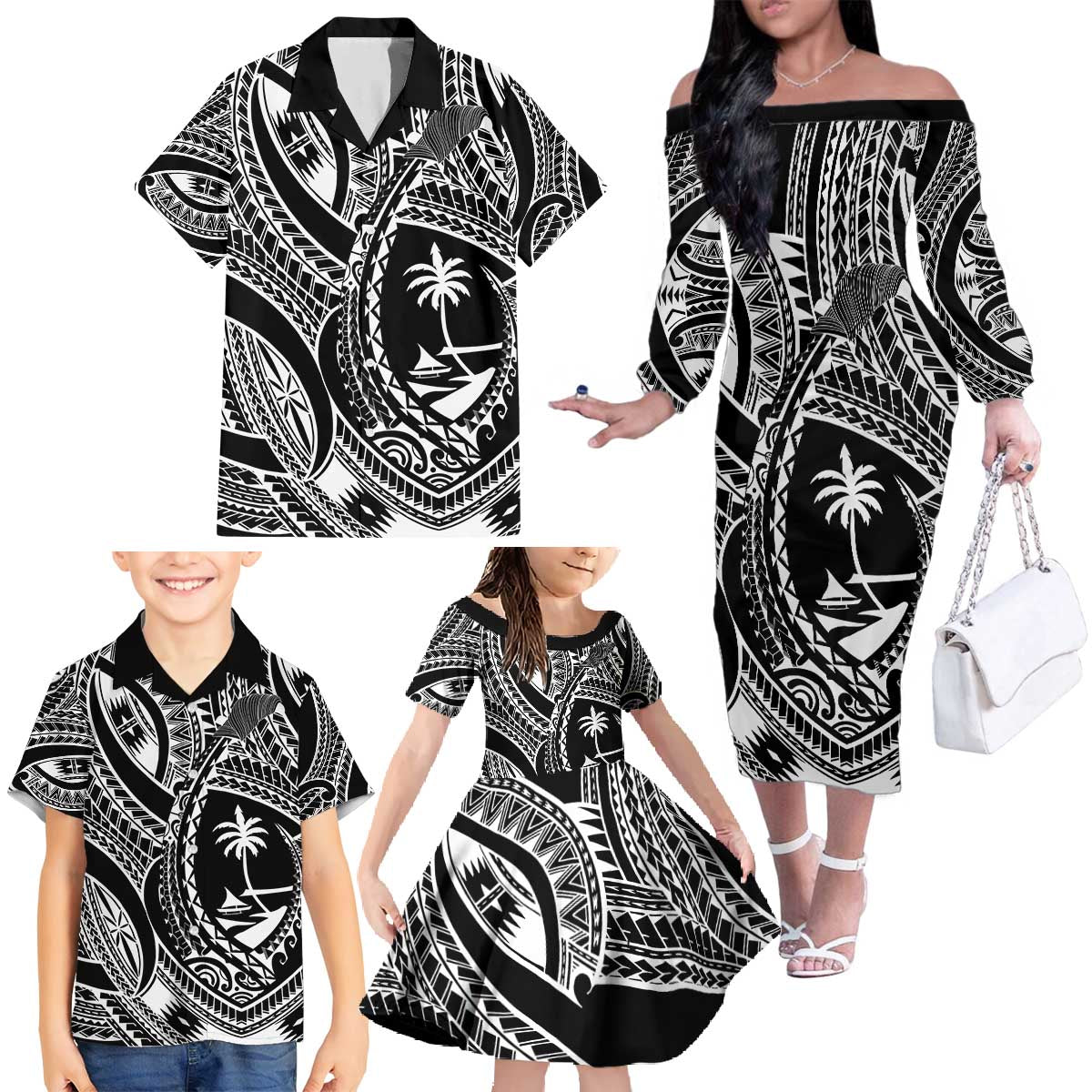 Hafa Adai Guam Inspired Tattoo Family Matching Off The Shoulder Long Sleeve Dress and Hawaiian Shirt