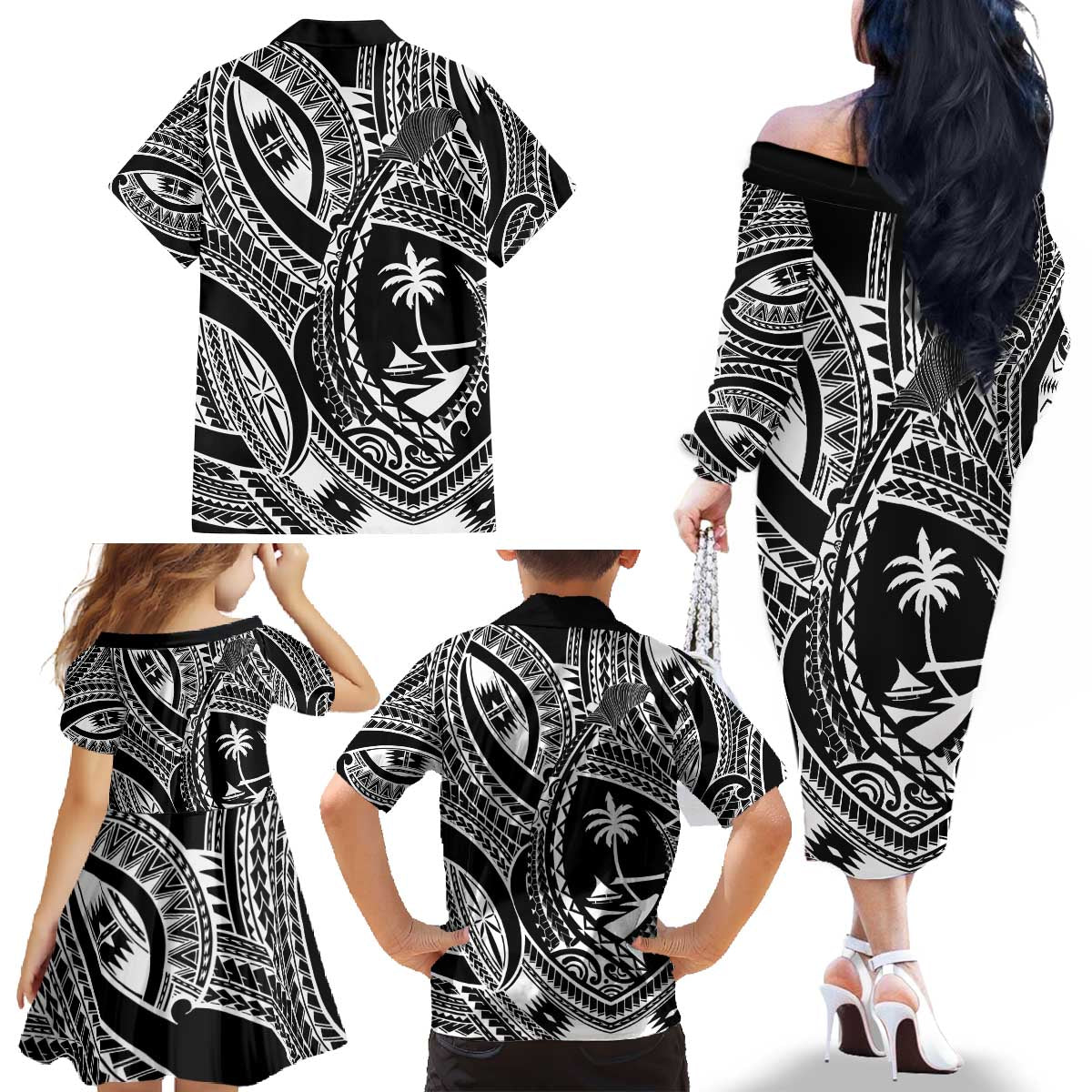 Hafa Adai Guam Inspired Tattoo Family Matching Off The Shoulder Long Sleeve Dress and Hawaiian Shirt