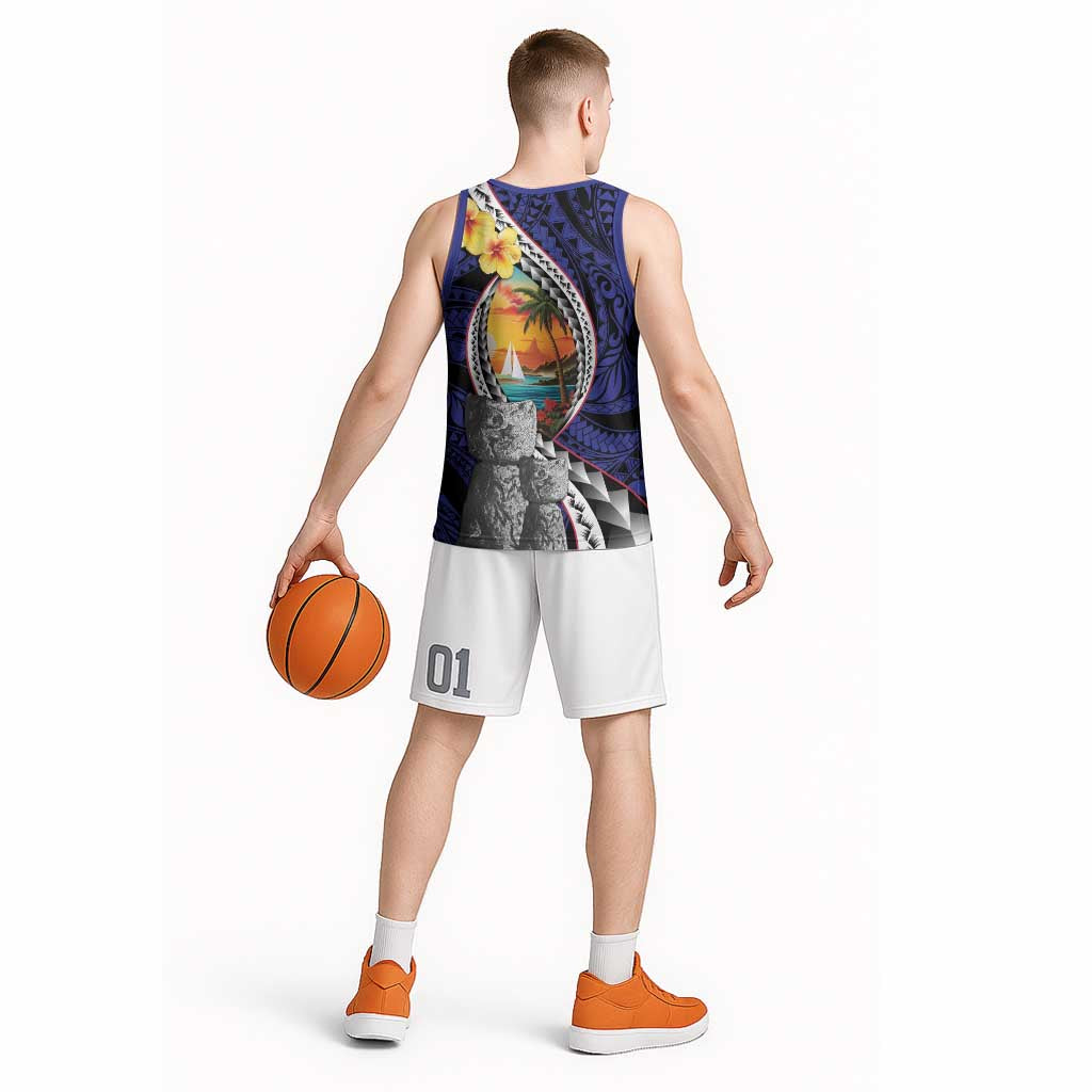 Hafa Adai Guam Seal Latte Stones Artwork Basketball Jersey - Polynesian Pride