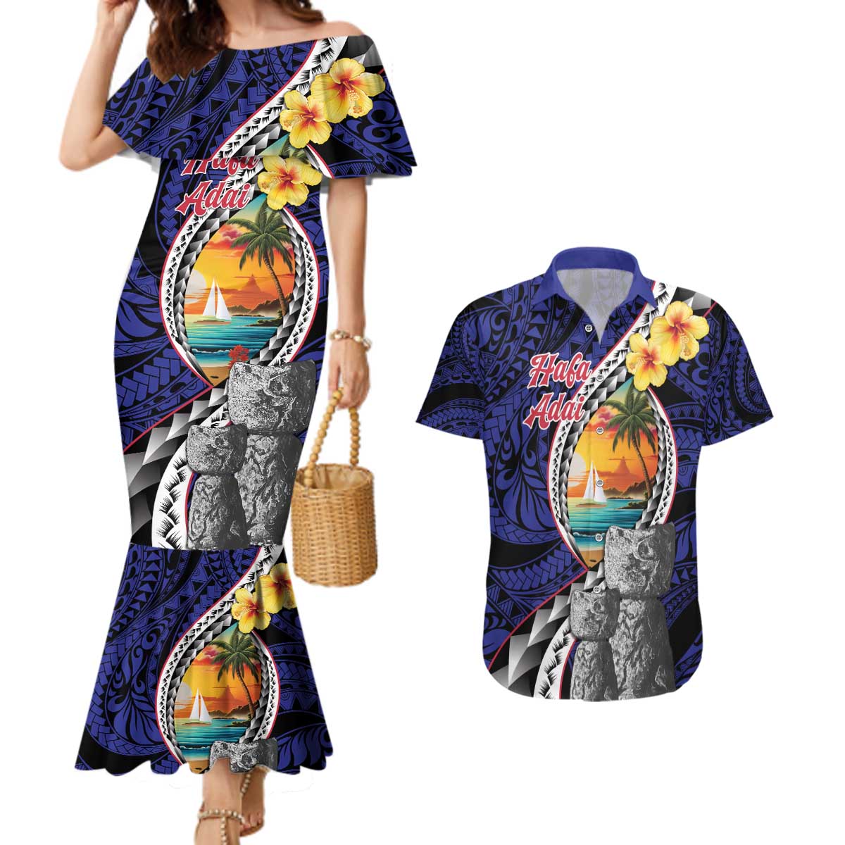 Hafa Adai Guam Seal Latte Stones Artwork Couples Matching Mermaid Dress and Hawaiian Shirt