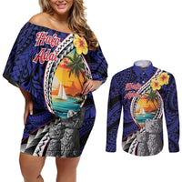 Hafa Adai Guam Seal Latte Stones Artwork Couples Matching Off Shoulder Short Dress and Long Sleeve Button Shirt