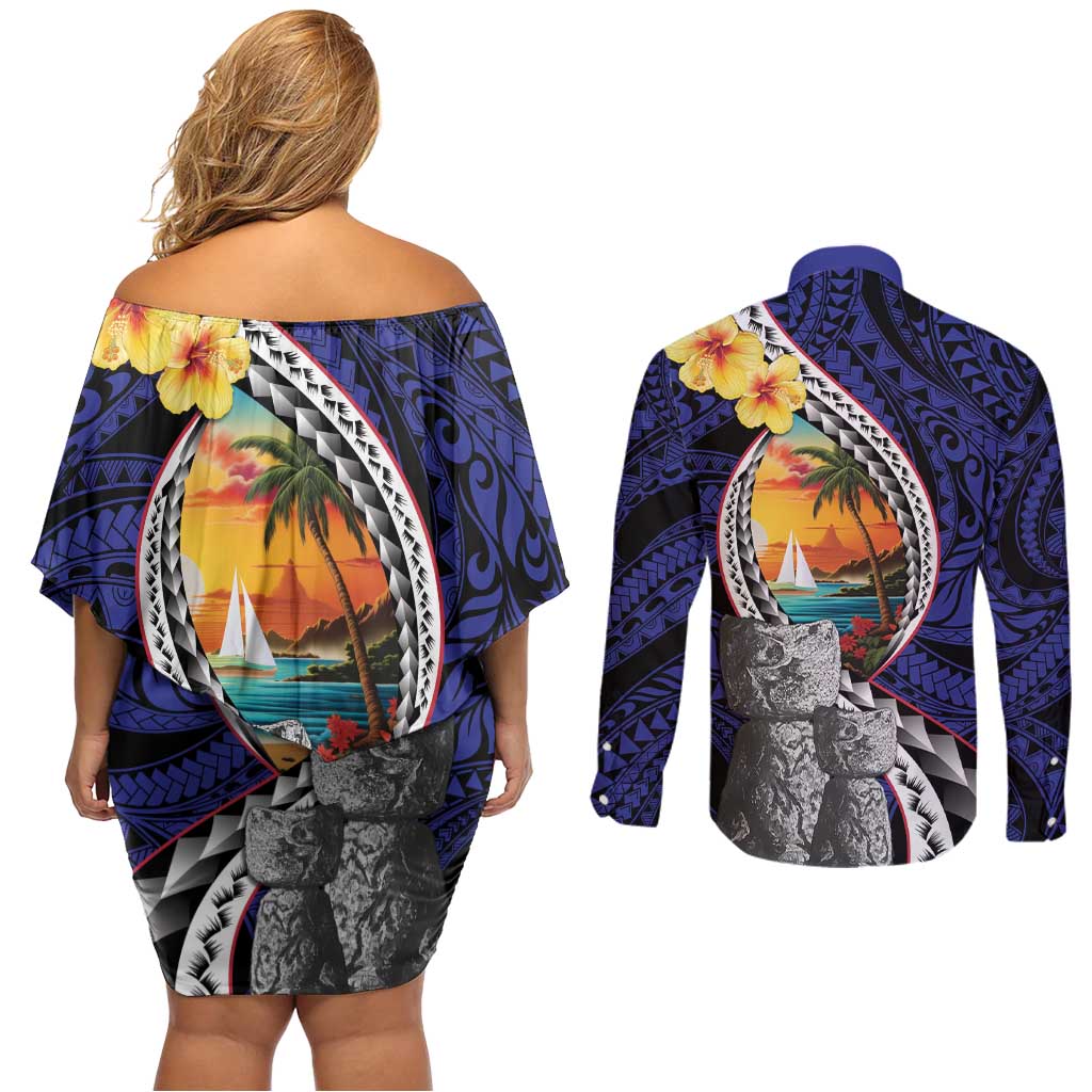 Hafa Adai Guam Seal Latte Stones Artwork Couples Matching Off Shoulder Short Dress and Long Sleeve Button Shirt