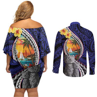 Hafa Adai Guam Seal Latte Stones Artwork Couples Matching Off Shoulder Short Dress and Long Sleeve Button Shirt