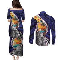 Hafa Adai Guam Seal Latte Stones Artwork Couples Matching Puletasi and Long Sleeve Button Shirt