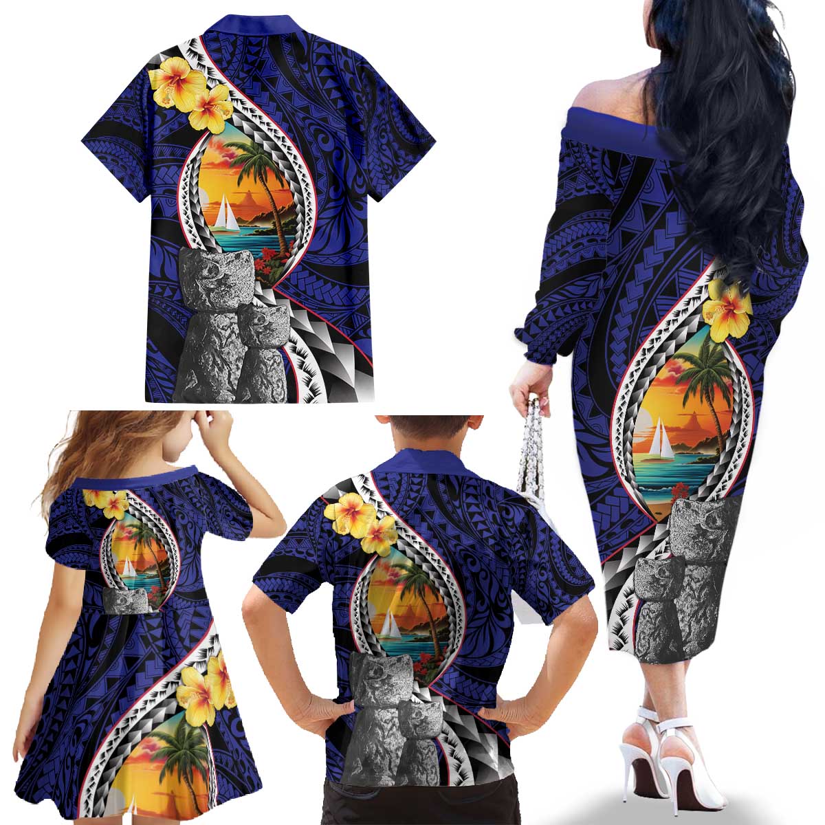 Hafa Adai Guam Seal Latte Stones Artwork Family Matching Off The Shoulder Long Sleeve Dress and Hawaiian Shirt