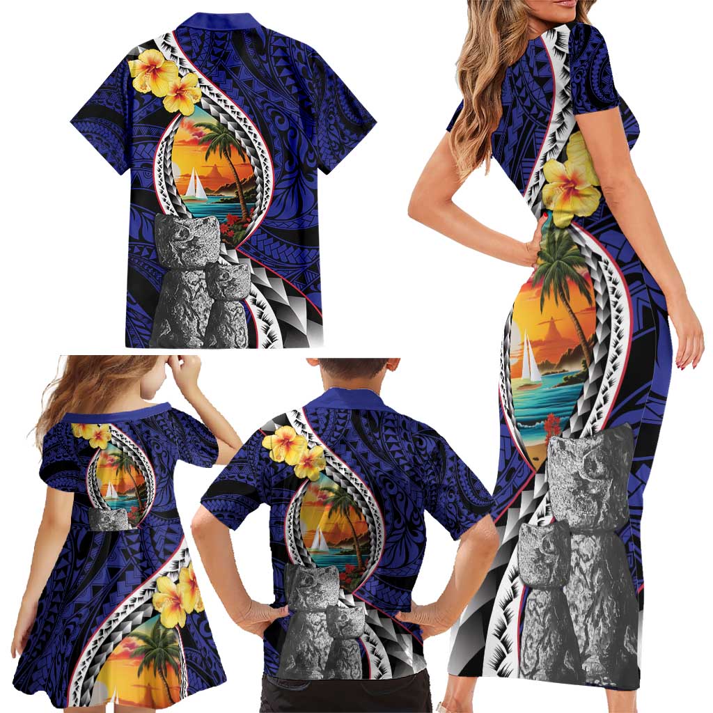 Hafa Adai Guam Seal Latte Stones Artwork Family Matching Short Sleeve Bodycon Dress and Hawaiian Shirt