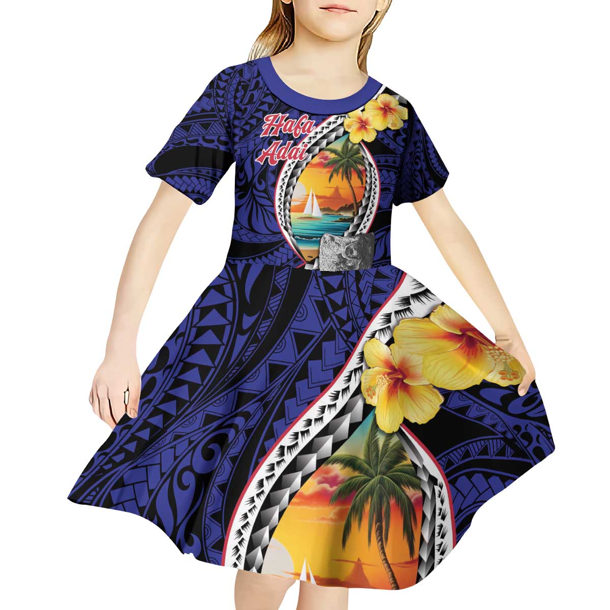 Hafa Adai Guam Seal Latte Stones Artwork Kid Short Sleeve Dress