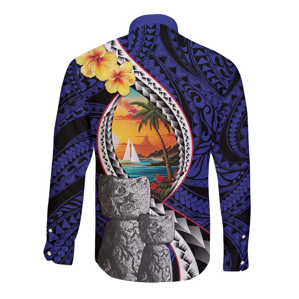 Hafa Adai Guam Seal Latte Stones Artwork Long Sleeve Button Shirt
