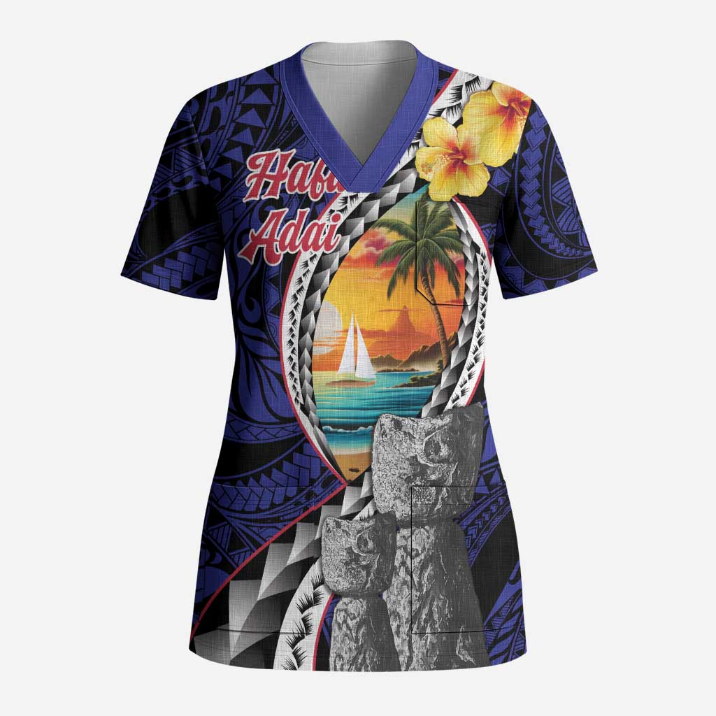 Hafa Adai Guam Seal Latte Stones Artwork Scrub Top - Polynesian Pride