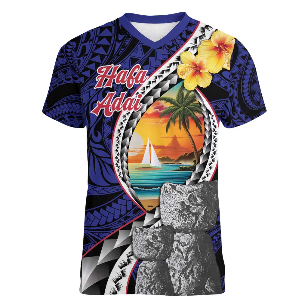 Hafa Adai Guam Seal Latte Stones Artwork Women V-Neck T-Shirt