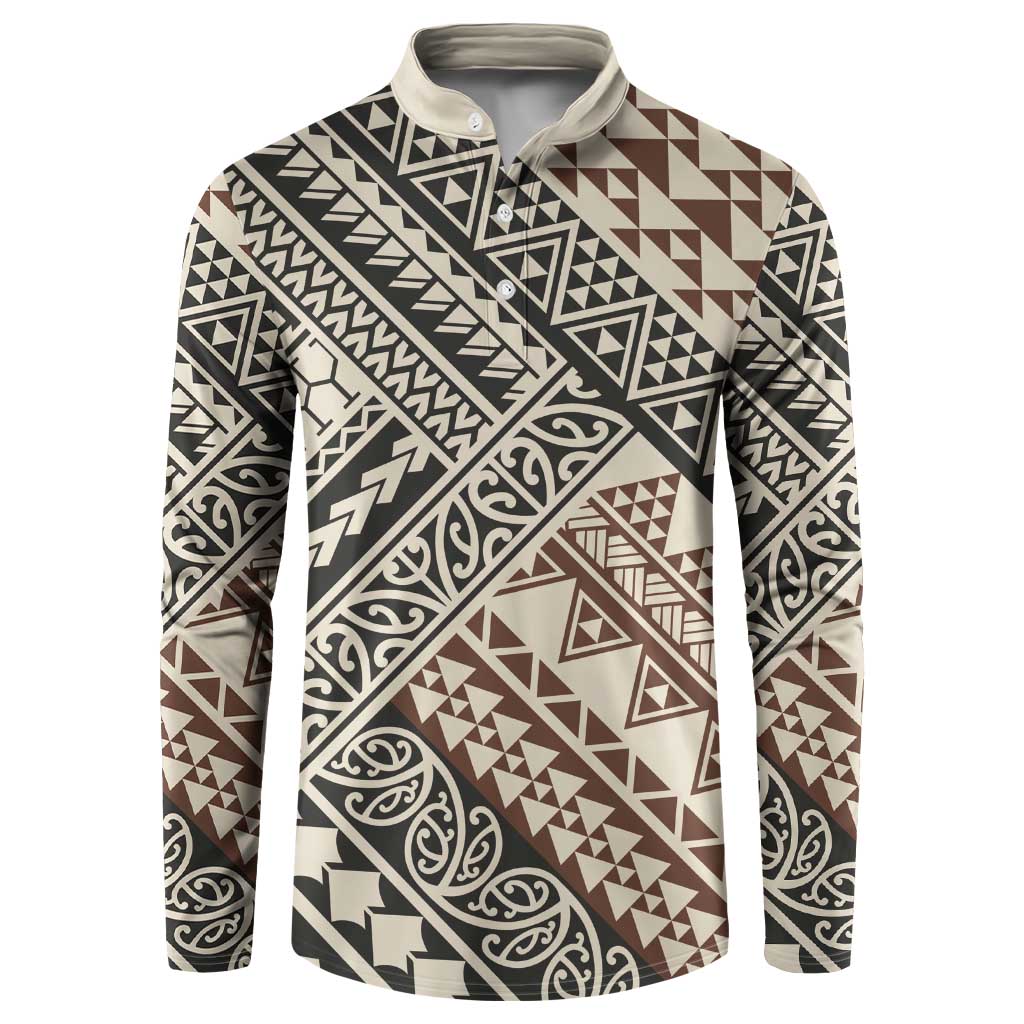 Niho Taniwha Kowhaiwhai Button Sweatshirt LT9 Beige - Polynesian Pride