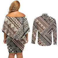 Niho Taniwha Kowhaiwhai Couples Matching Off Shoulder Short Dress and Long Sleeve Button Shirt LT9 - Polynesian Pride