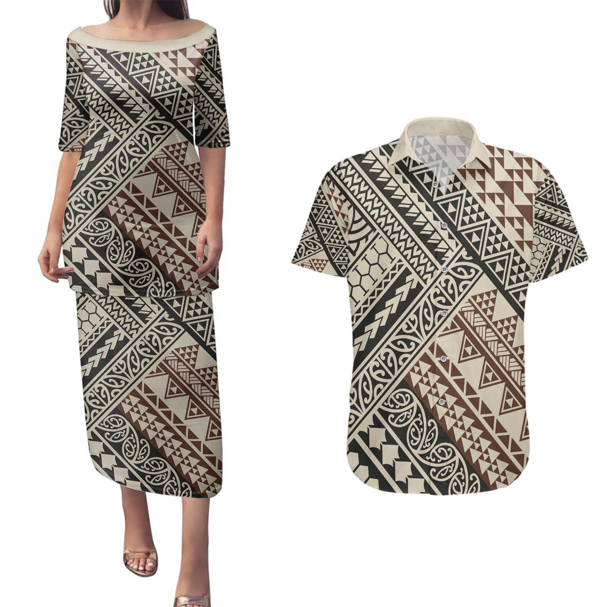 Niho Taniwha Kowhaiwhai Couples Matching Puletasi and Hawaiian Shirt LT9 Beige - Polynesian Pride