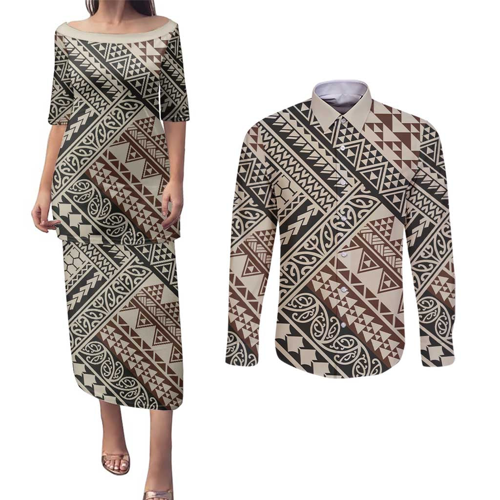 Niho Taniwha Kowhaiwhai Couples Matching Puletasi and Long Sleeve Button Shirt