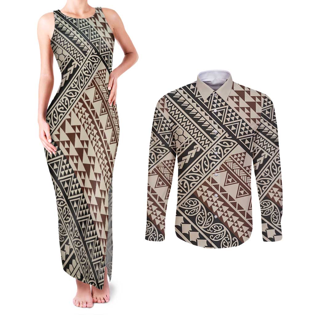 Niho Taniwha Kowhaiwhai Couples Matching Tank Maxi Dress and Long Sleeve Button Shirt LT9 Beige - Polynesian Pride