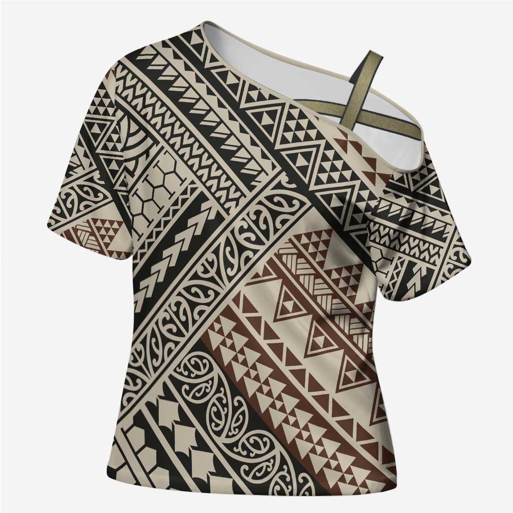 Niho Taniwha Kowhaiwhai Cross Shoulder Shirt LT9 Female Beige - Polynesian Pride