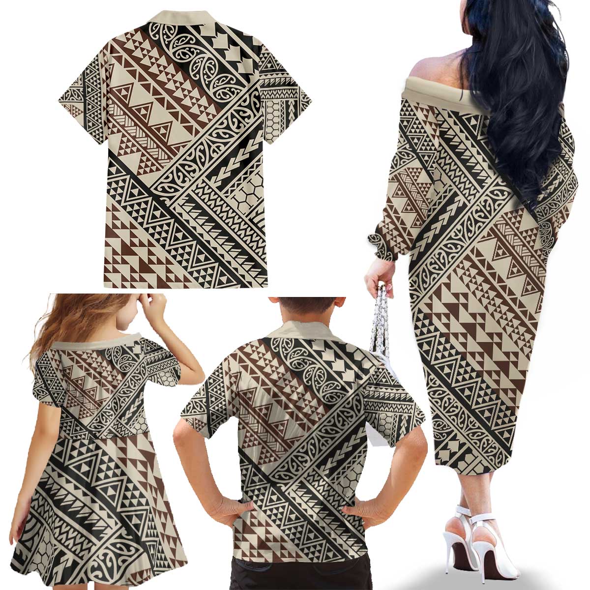 Niho Taniwha Kowhaiwhai Family Matching Off The Shoulder Long Sleeve Dress and Hawaiian Shirt
