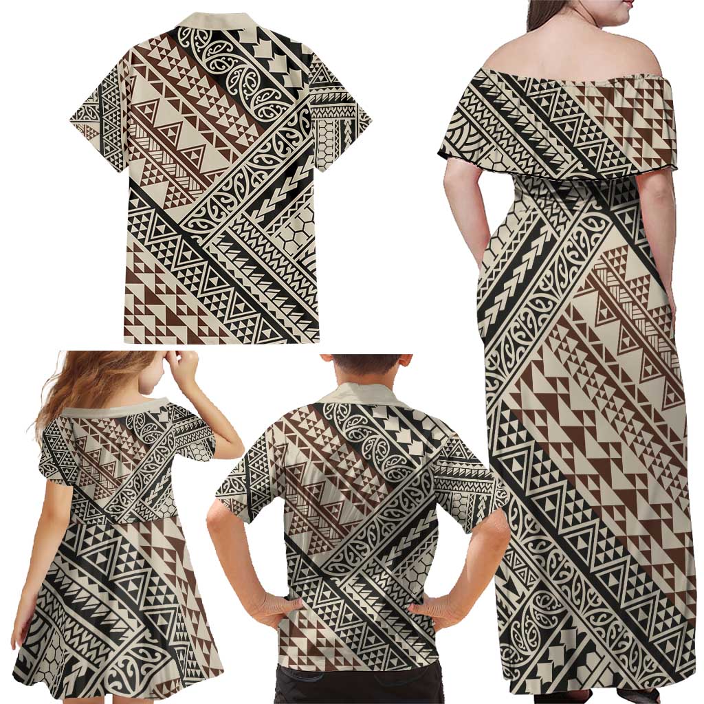 Niho Taniwha Kowhaiwhai Family Matching Off Shoulder Maxi Dress and Hawaiian Shirt