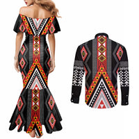 Niho Taniwha Taniko Motif Couples Matching Mermaid Dress and Long Sleeve Button Shirt LT9 - Polynesian Pride