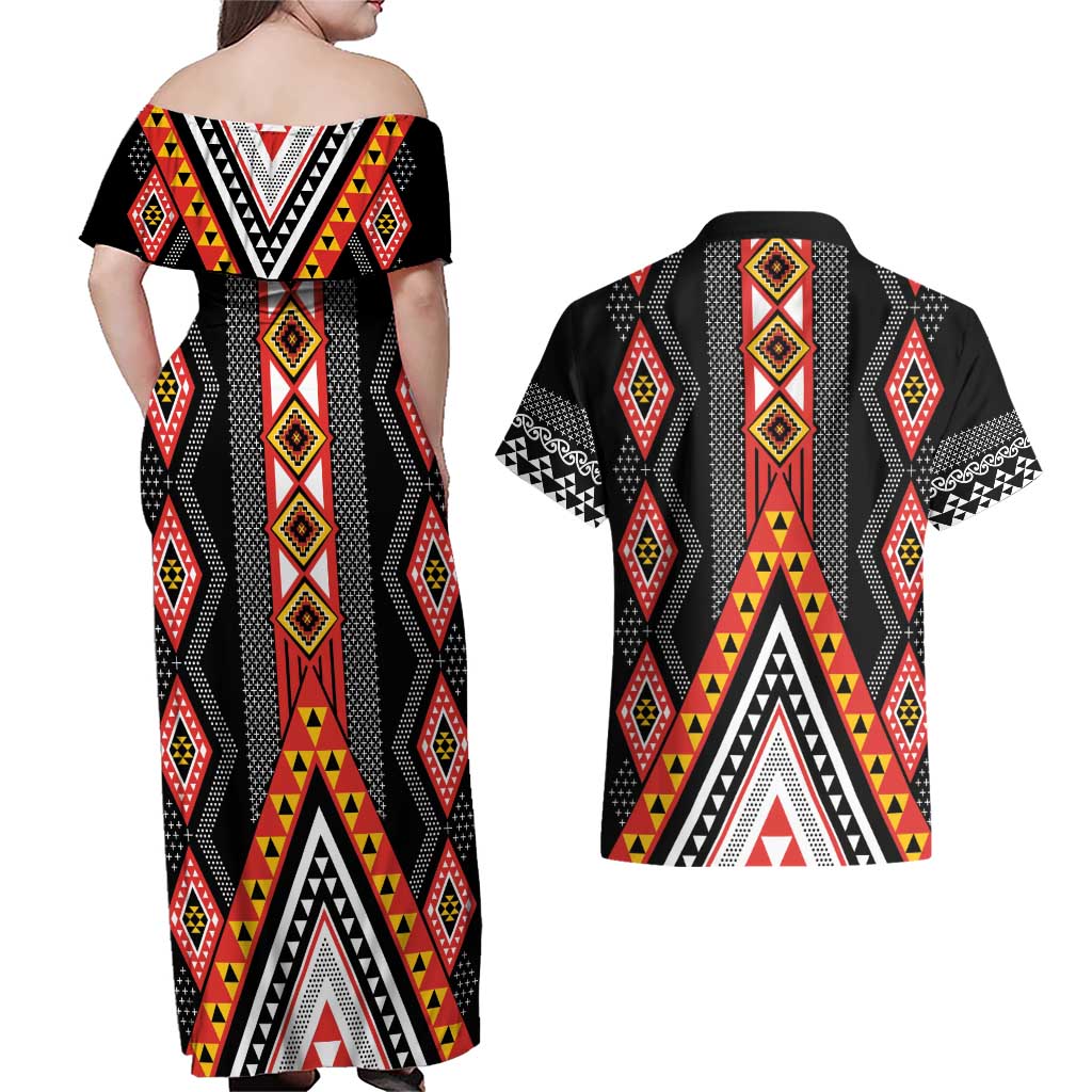 Niho Taniwha Taniko Motif Couples Matching Off Shoulder Maxi Dress and Hawaiian Shirt LT9 - Polynesian Pride