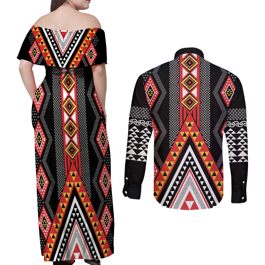 Niho Taniwha Taniko Motif Couples Matching Off Shoulder Maxi Dress and Long Sleeve Button Shirt LT9 - Polynesian Pride