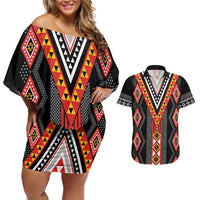 Niho Taniwha Taniko Motif Couples Matching Off Shoulder Short Dress and Hawaiian Shirt LT9 Red - Polynesian Pride